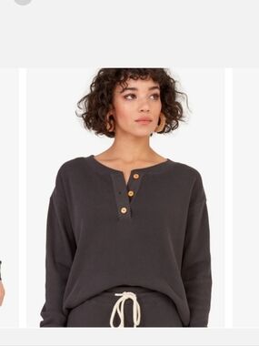 Mate the Label Organic Thermal Long sleeve Henley Charcoal Grey/Brown Small